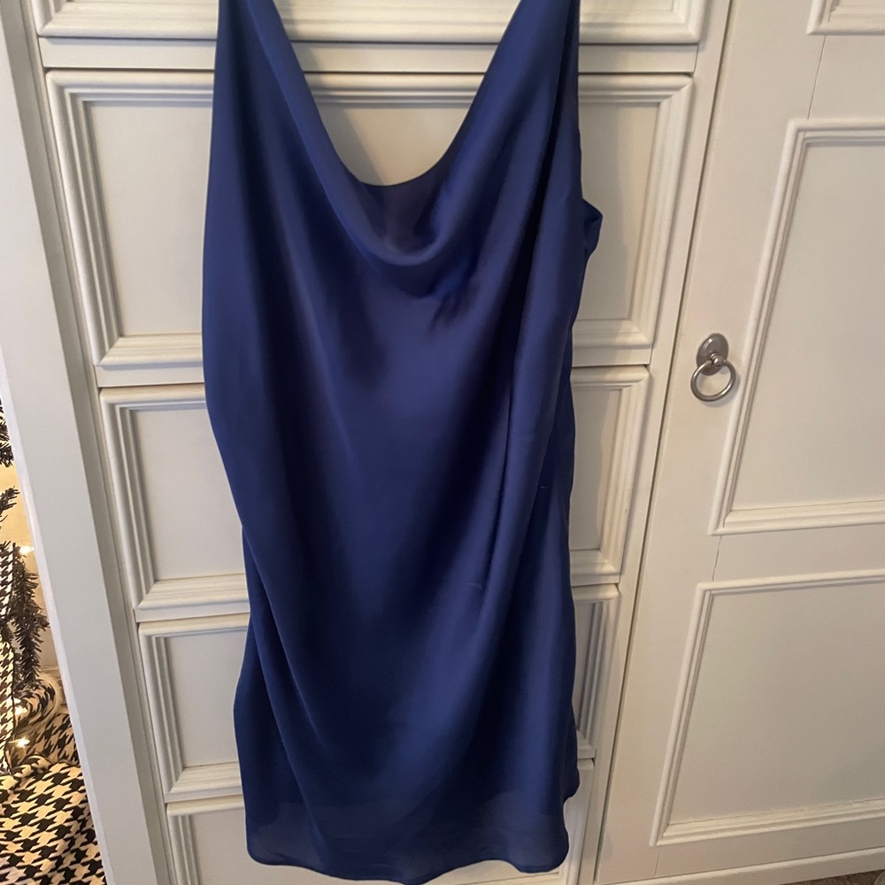 navy silk mini dress with cowl neck